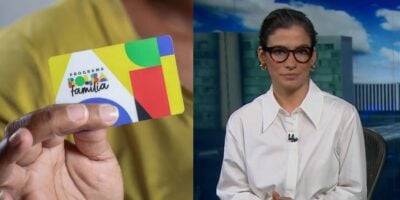 Homem segurando cartão do Bolsa Família e Renata Vasconcellos no Jornal Nacional (Fotos: Reproduções / Roberta Aline/MDS / Globo / Montagem)