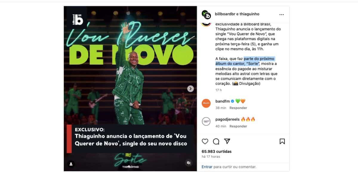 Lançamento de Thiaguinho (Foto: Reprodução / Instagram) 