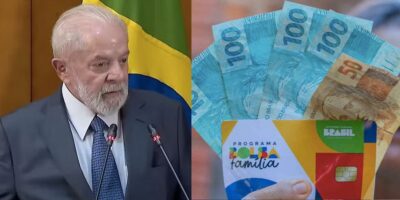Lula e mulher segurando cartão do Bolsa Família e notas de dinheiro (Fotos: Reproduções / Canal Gov / Estadão / Montagem)
