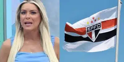 Renata Fan e bandeira do São Paulo (Fotos: Reproduções / Band / Internet)