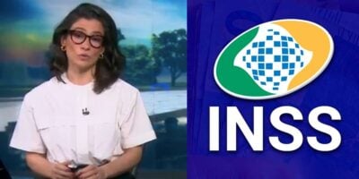 Renata Vasconcellos no Jornal Nacional e logo do iNSS (Fotos: Reproduções / Globo / Internet / Montagem)