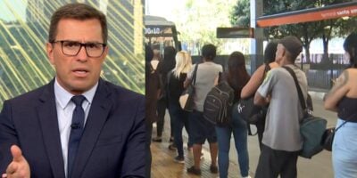 Rodrigo Bocardi no Bom Dia São Paulo e passageiros em fila de ônibus (Fotos: Reproduções / Globo / Motangem)