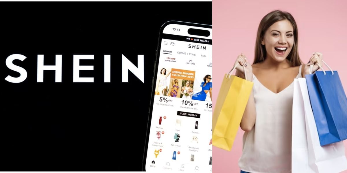 Shein e mulher com sacolas (Fotos: Reproduções / Internet / Freepik / Montagem)