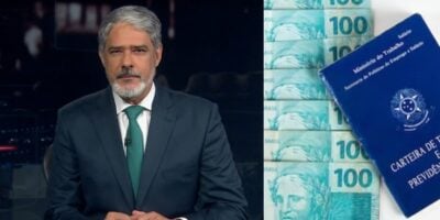 William Bonner no Jornal Nacional, notas de cem reais e carteira de trabalho (Fotos: Reproduções / Globo / Freepik / Montagem)