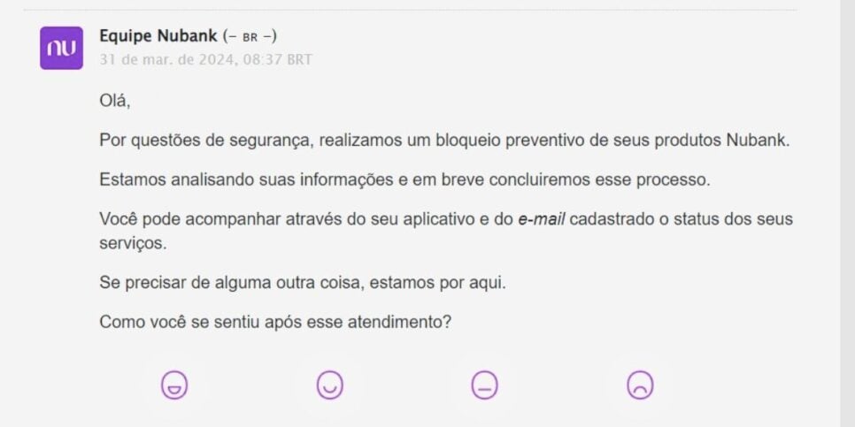 Email de bloquio de conta da Nubank (Reprodução/TV Foco)