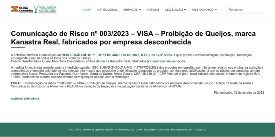 Nota da Anvisa (Reprodução/vigilância sanitária de Santa Catarina)