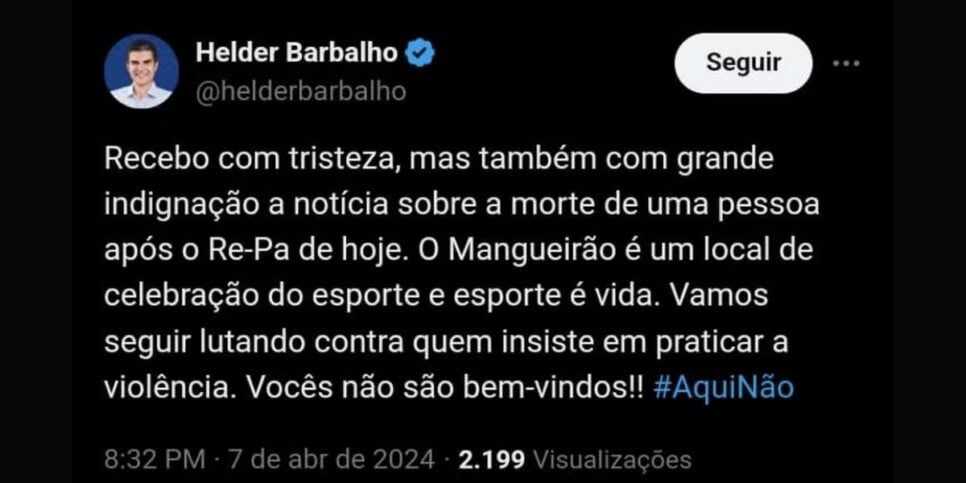 Helder Barbalho se pronunciou sobre a morte do torcedor — Foto: Reprodução/X