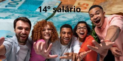 14º salário, notas de dinheiro e pessoas comemorando (Fotos: Reproduções / Canva / Freepik)