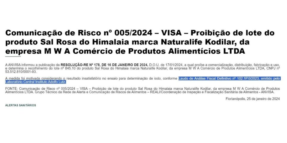 Proibição da ANVISA contra marca Naturalife Kodilar (Foto Reprodução/Vigilância Sanitária)