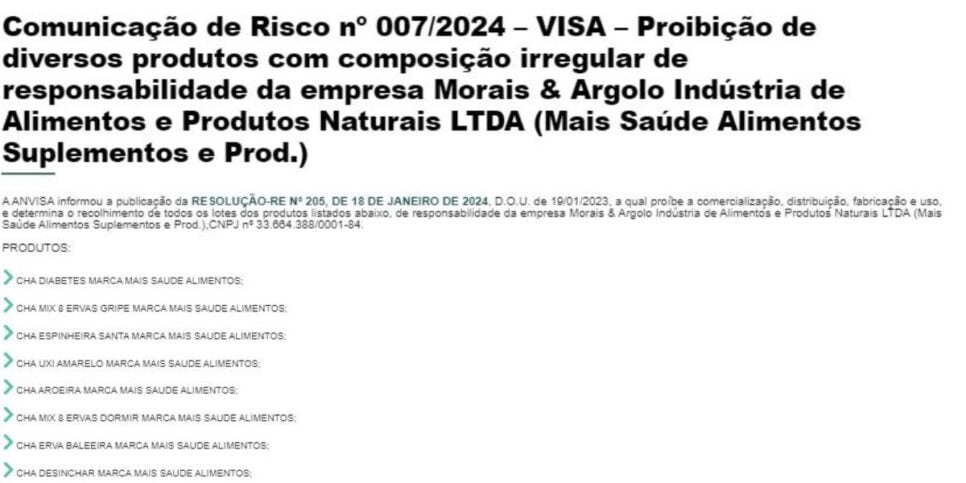 Decreto da ANVISA contra 8 linhas de chá da marca Mais Saúde Alimentos e Suplementos (Foto Reprodução/VISA)