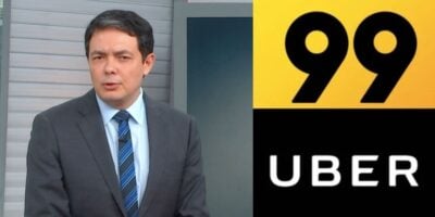 Alan Severiano no SP1 e logo da Uber e 99 (Fotos: Reproduções / Globo / Internet)