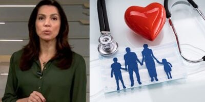 Ana Paula Araújo no Bom Dia Brasil e ilustração de plano de saúde (Fotos: Reproduções / Globo / Canva)