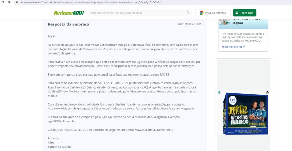 Comunicado do Banco do Brasil em resposta há uma cliente que teve a conta poupança encerrada- Foto: Reprodução/Internet 