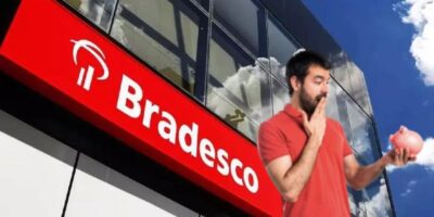 Bradesco e homem chocado enquanto segura cofre de dinheiro (Fotos: Reproduções / Internet / Freepik)