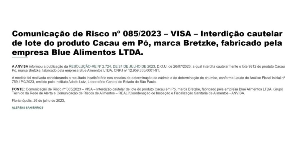 Proibição da ANVISA contra a Bretzke (Foto Reprodução/Vigilância Sanitária)