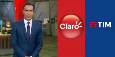 César Tralli / Logo da Claro / Logo da TIM - Montagem TVFOCO