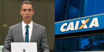 César Tralli no Jornal Hoje e agência da Caixa (Fotos: Reproduções / Globo / Internet)