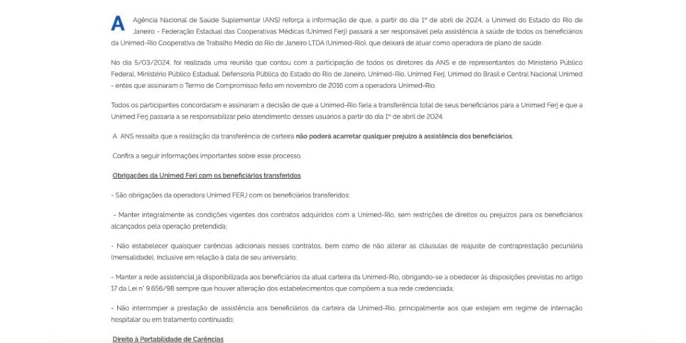 Comunicado ANS (Foto: Reprodução / Site do Governo Federal) 