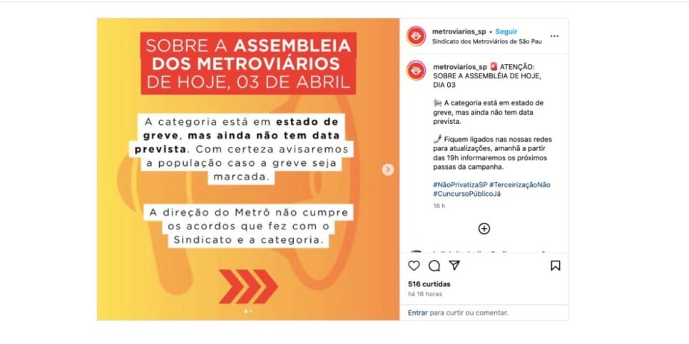 Comunicado Metroviários de São Paulo (Foto: Reprodução / Instagram) 