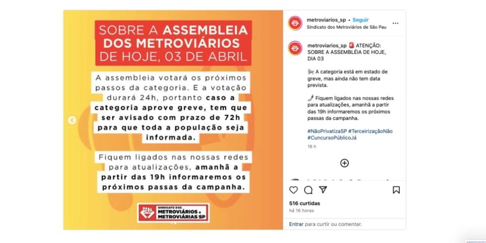 Comunicado Metroviários de São Paulo (Foto: Reprodução / Instagram)