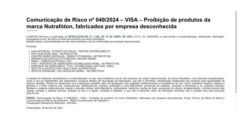 Comunicado da Anvisa sobre a marca Nutrafóton (Foto: Reprodução / Site Vigilância Sanitária) 