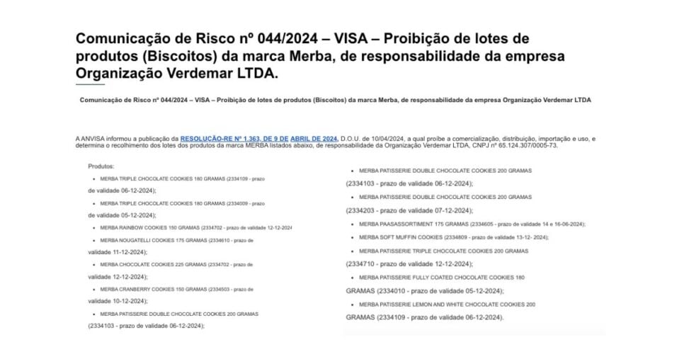 Comunicado da Anvisa sobre biscoitos (Foto: Reprodução / site oficial Vigilância Sanitária) 