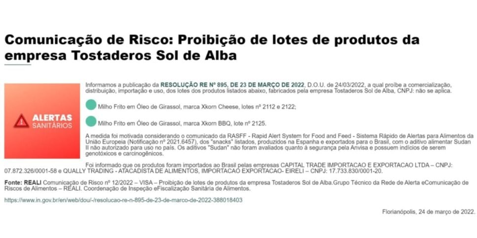 Comunicado de risco da Anvisa (Foto: Reprodução/ Internet)
