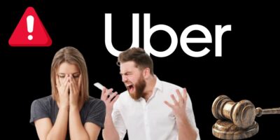 Imagem de alerta, logo da Uber, mulher triste, homem revoltado e martelo de juíz (Fotos: Reproduções / Canva / Freepek / Internet)