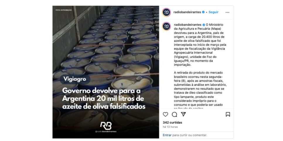 Notícia sobre azeite (Foto: Reprodução / Instagram)