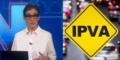 Renata Vasconcellos no Jornal Nacional, carros e placa do IPVA (Fotos: Reproduções / Globo / Freepik)