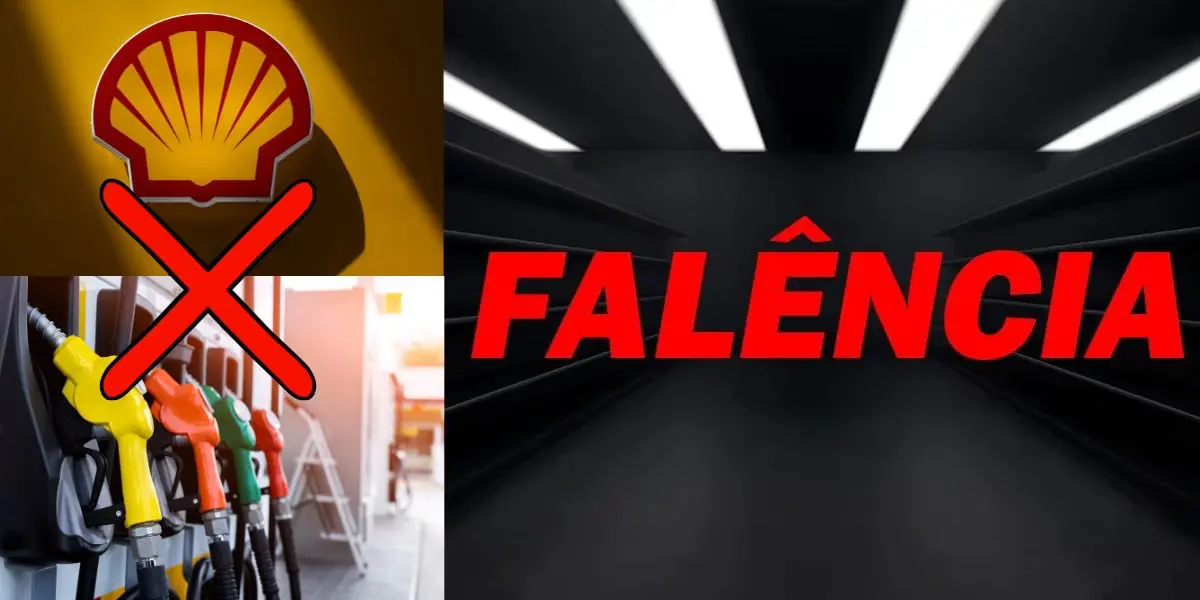 Logo da Shell, posto de gasolina e imagem de falência (Fotos: Reproduções / Internet / Canva / TV Foco)
