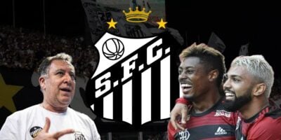 Marcelo Teixeira, Gabigol, Bruno Henrique e escudo do Santos (Foto - Montagem TV Foco).