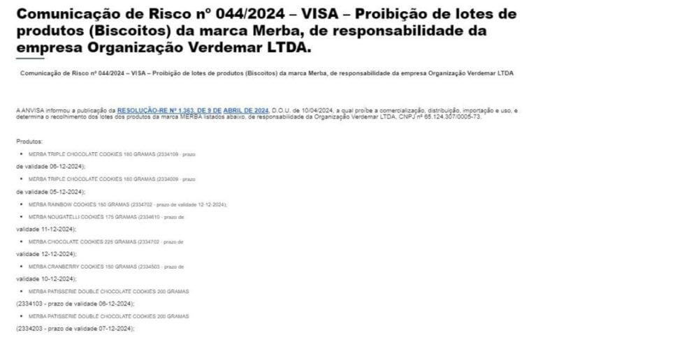 Decreto da ANVISA contra a marca Merba (Foto Reprodução/Vigilância Sanitária)