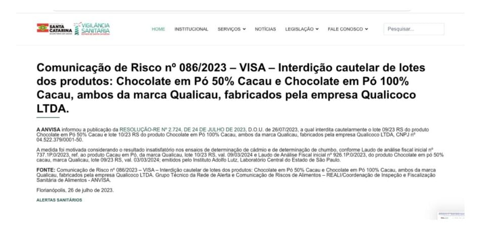 Nota Anvisa da marca Qualicau (Foto: Reprodução / Site Vigilância Sanitária) 