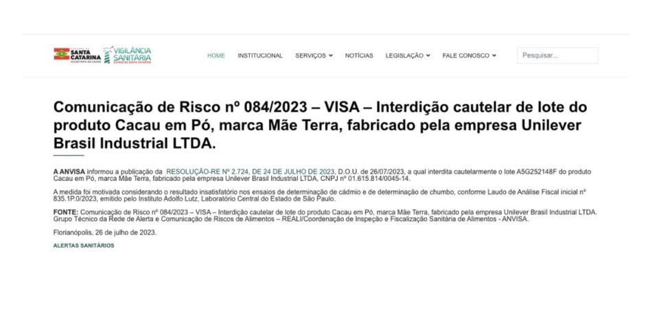 Nota Anvisa da marca Mãe Terra (Foto: Reprodução / Site Vigilância Sanitária)