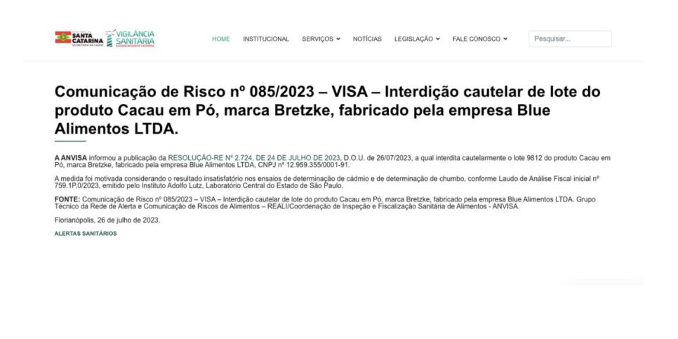 Nota Anvisa da marca Bretzke (Foto: Reprodução / Site Vigilância Sanitária)