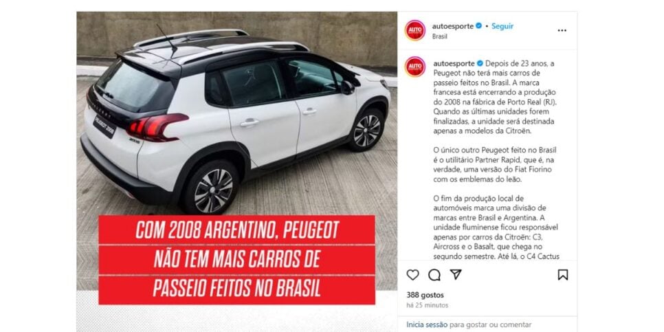 Notícia sobre a Peugeot (Foto: Reprodução / Instagram)