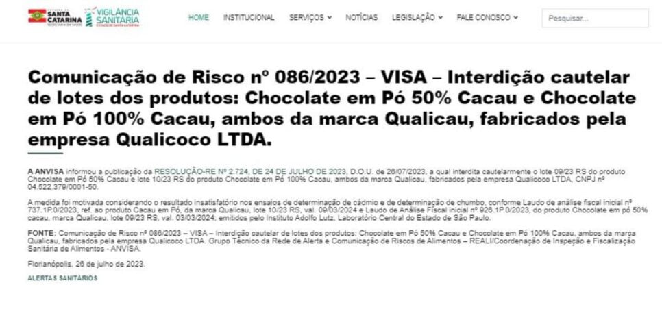 Proibição da ANVISA contra a Qualicau (Foto Reprodução/Vigilância Sanitária)