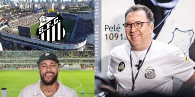 Neymar, Marcelo Teixeira e escudo do Santos - Montagem TV Foco