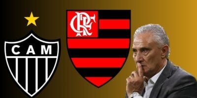 Tite e escudos de Flamengo e do Atlético-MG(Foto - Montagem TV Foco).