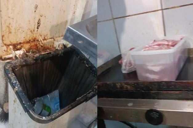 Alimentos foram vistos expostos em meio à sujeira da cozinha do restaurante em Santos (SP) (Foto: Reprodução / Vivendo na Baixada)

