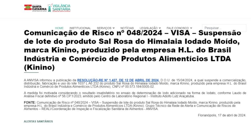Comunicado da Anvisa sobre o Sal Rosa do Himalaia (Reprodução: Anvisa)