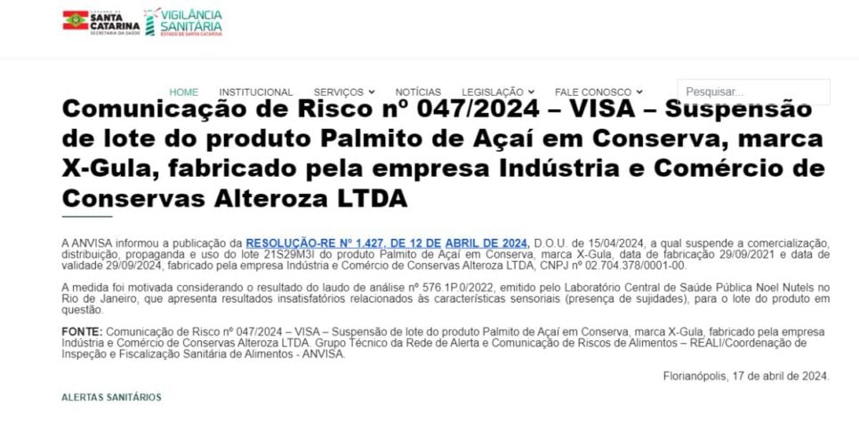 Comunicado da Anvisa sobre o Palmito (Reprodução: Anvisa)