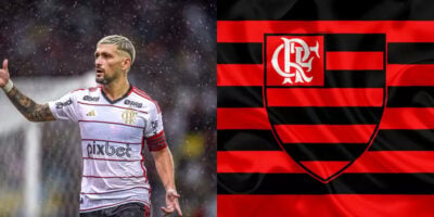 Arrascaeta e escudo do Flamengo (Foto: Divulgação)