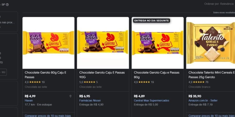 Chocolates Garoto continuam sendo vendidos normalmente no mercado (Foto Reprodução/Google Shopping)