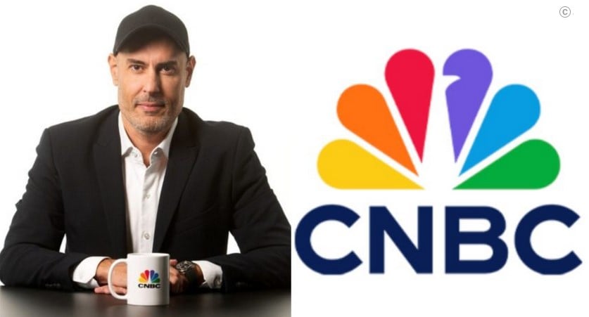 Douglas Tavolaro (à esq.) e, à direita, a logo da CNBC (Foto: Reprodução / Poder 360)
