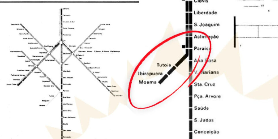 Mapa antigo mostra, circulado em vermelho, ramal que nunca existiu / Crédito: Divulgação / MetroCPTM
