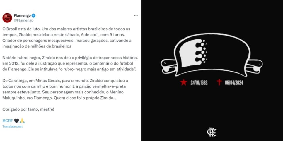 Flamengo presta homenagem nas redes sociais sobre a morte de Ziraldo, escritor do 'O Menino Maluquinho' - (Foto: Reprodução/ X)