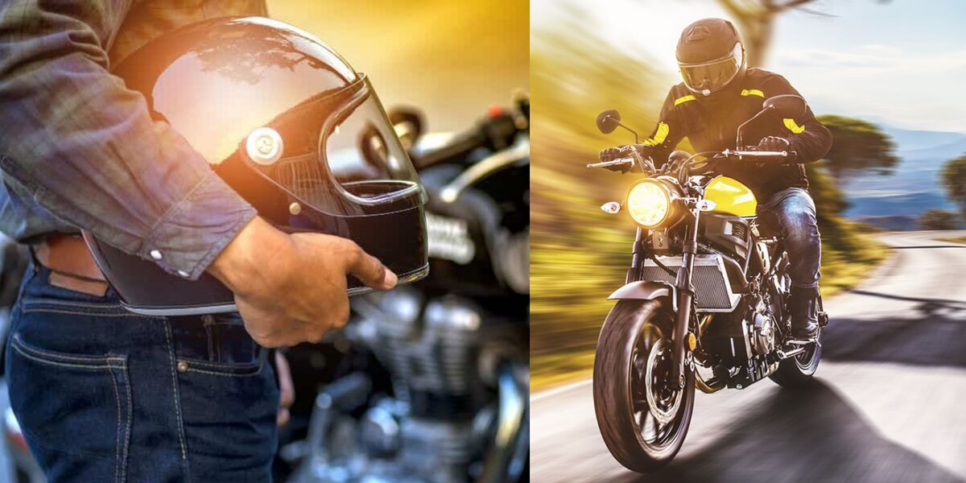 Pessoa segurando capacete e motociclista andando de moto - foto: TV Foco