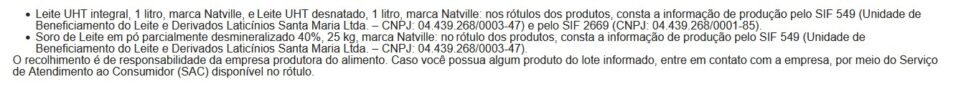 Informações de fabricação da marca de leite (Foto: Reprodução / Vigilância Sanitária)
